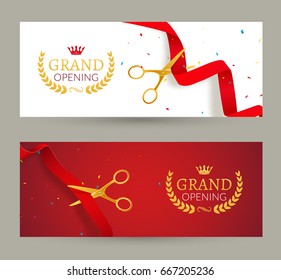 Grand Opening invitation banner. Red Ribbon cut ceremony event. Grand opening celebration card.