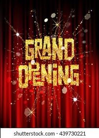 GRAND OPENING INVITATION BANNER WITH THEATER CURTAINS AND FIREWORKS