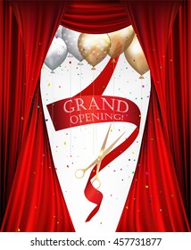 GRAND OPENING INVITATION BANNER WITH THEATER CURTAINS , CONFETTI, SCISSORS AND RED RIBBON. VECTOR ILLUSTRATION