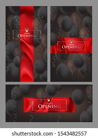 Grand opening invitation banners with dark air balloons and serpentine. Vector illustration