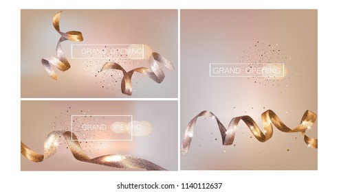 Grand Opening  invitation beige cards  with sparkling ribbons. Vector illustration