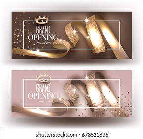 Grand Opening invitation beige cards with curly  ribbons and frame. Vector illustration