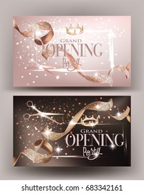 Grand Opening invitation beige cards with curly  ribbons and scissors. Vector illustration