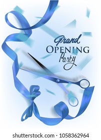 Grand opening invitation card with beautiful blue ribbon and confetti. Vector illustration