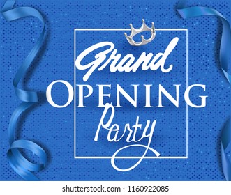 Grand opening invitation card with blue elegant ribbons and background. Vector illustration