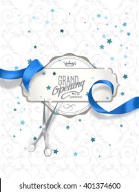 Grand opening invitation card with blue silk ribbon and scissors