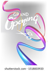 Grand opening invitation card with colorful cut curly ribbon. Vector illustration