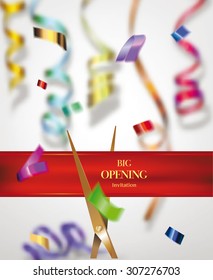 Grand opening invitation card with colorful blurred ribbons and confetti