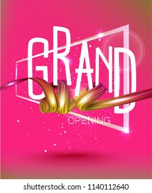 Grand Opening  invitation card with colorgul curly ribbon. Vector illustration