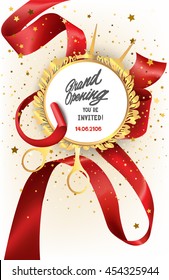 Grand opening Invitation card with curled silk ribbon, scissors and floral frame. Vector illustration