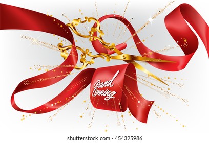 Grand opening Invitation card with curled silk ribbon, scissors and fireworks. Vector illustration