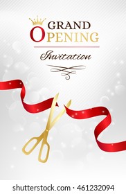 Grand opening invitation card with cut red ribbon and gold scissors. Vector background with light effect
