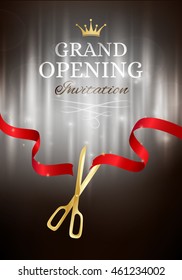 Grand opening invitation card with cut red ribbon and gold scissors. Dark vector background with light effect