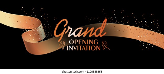 Grand opening invitation card design with gold ribbon and confetti on black background. Festive template can be used for banners, flyers, posters.