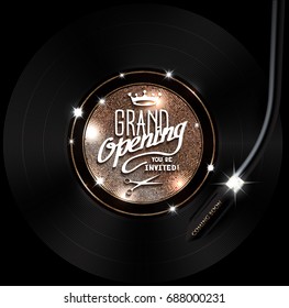 Grand opening invitation card with elegant vinyl record. Vector illustration