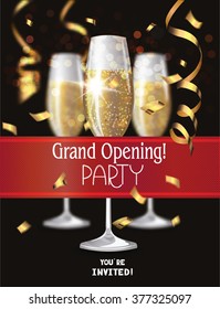 Grand Opening invitation card with glasses of champagne and red ribbon