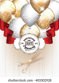 Grand opening invitation card with gold and silver balloons with red  ribbon and scissors