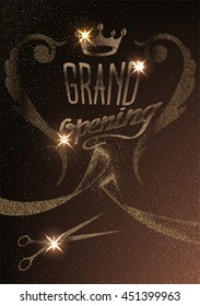 Grand opening invitation  card with gold abstract sparkling ribbon and bokeh background