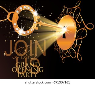 Grand opening invitation card with gold key and keyhole. Vector illustration