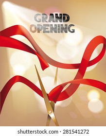 Grand opening invitation card with long red ribbon