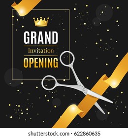Grand Opening Invitation Card on a Black Background witch Silver Scissor Cut Gold Tape. Luxury Concept. Vector illustration