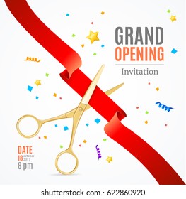 Grand Opening Invitation Card on a White Background witch Gold Scissor Cut Red Tape. Presentation Concept and Swirl, Star. Vector illustration
