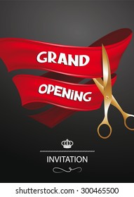 Grand opening invitation card with  red  ribbon and gold scissors