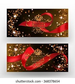 Grand opening invitation card with red ribbon and sparkles