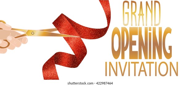 Grand opening invitation card with red textured ribbon and hand with scissors