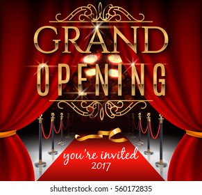 Grand opening invitation card with red theater curtains and velvet carpet. Elegant inscription. Vector illustration.