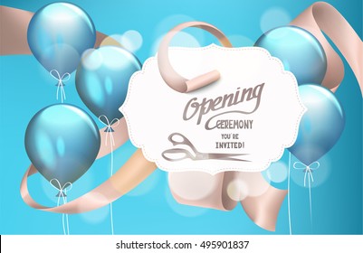 Grand opening invitation card with satin curled beige ribbon and blue air balloons. Vector illustration