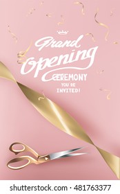 Grand opening invitation card with  satine gold ribbon,serpentine and scissors. Vector illustration