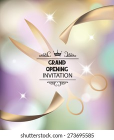 Grand opening invitation card with scissors and silk ribbon