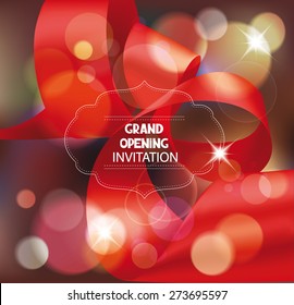 Grand opening invitation card with scissors, red silk ribbon and bokeh background