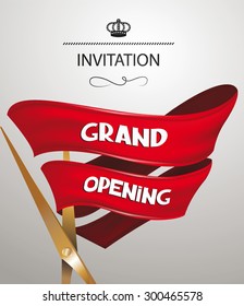 Grand opening invitation card with scissors and red realistic ribbon