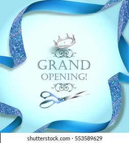 Grand opening invitation card with scissors and blue curly ribbon. Vector illustration