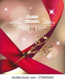 Grand opening invitation card with silk red ribbon and scissors