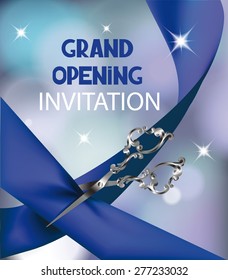 Grand opening invitation card with silk blue ribbon and scissors