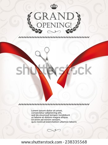 Grand opening invitation card with silver scissors