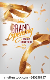 Grand opening invitation card with sparkling curly elegant ribbon. Vector illustration