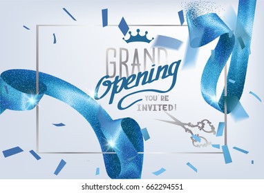 Grand opening invitation card with sparkling background and curly elegant blue ribbon. Vector illustration