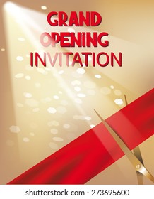 Grand opening invitation card with spotlights, red silk ribbon and scissors