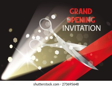 Grand opening invitation card with spotlights, red ribbon and scissors