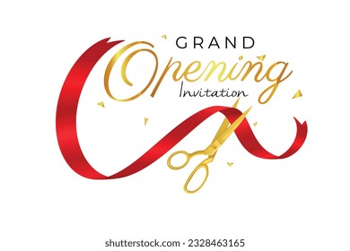 Grand opening invitation card template. Gold scissors cutting red silk ribbon with isolated black background, Vector art.