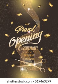 Grand opening invitation card with transparent ribbon and confetti. Vector illustration