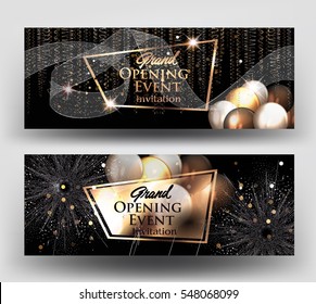 Grand opening invitation cards with air balloons and gold serpentine and fireworks. Vector illustration