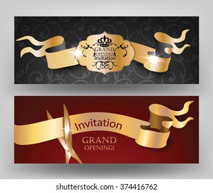 Grand opening invitation cards with gold ribbons and scissors