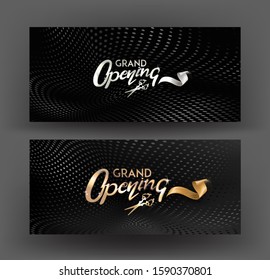 Grand opening invitation cards with lettering and halftone effect background. Vector illustration