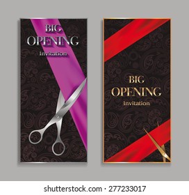 Grand opening invitation cards with  ribbon and scissors