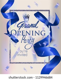 Grand opening invitation cards withconfetti and blue ribbons. Vector illustration